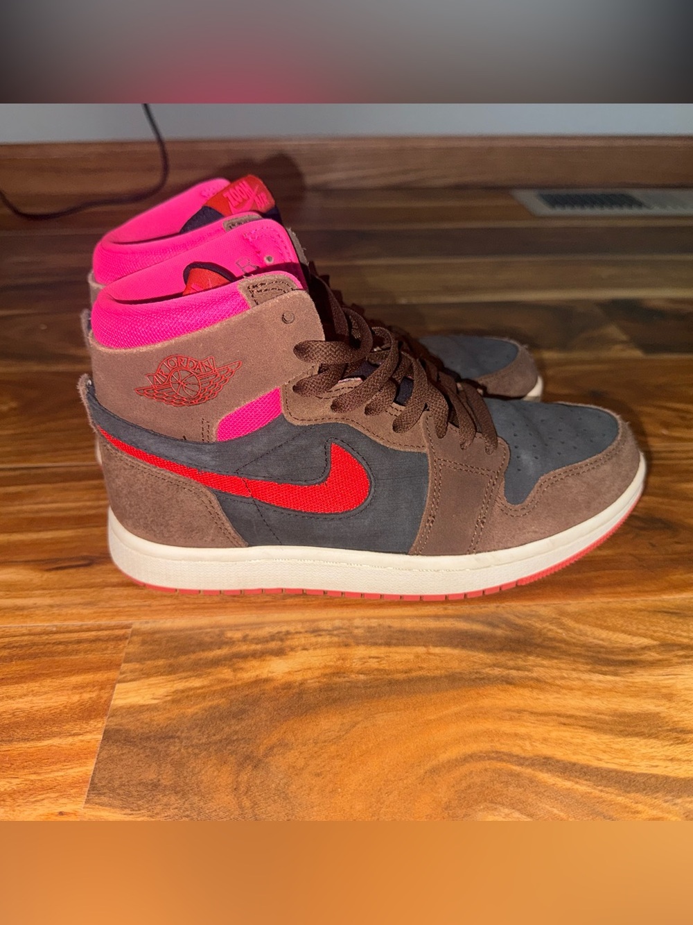 Jordan High-Top Sneakers in Brown, White, Red and Pink